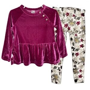 EUC Carter’s 3Y Purple Velour Peplum top & matching floral leggings 2 piece set